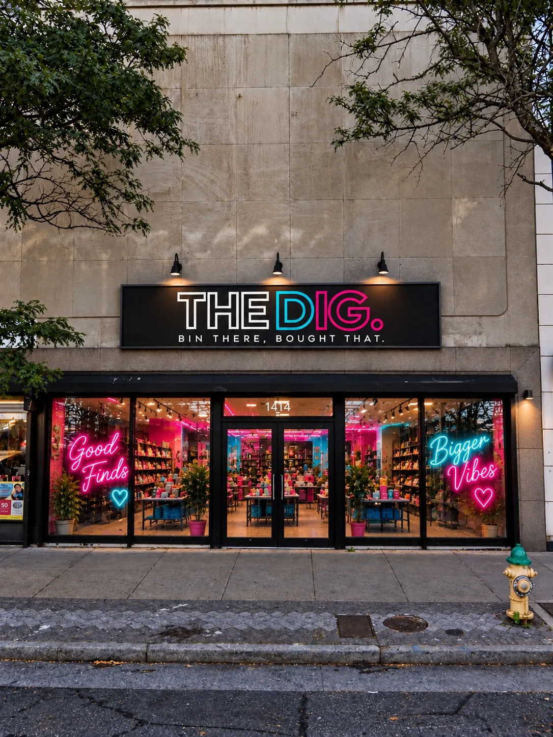Concept rendering showing the THE DIG. storefront with pink and turquoise neon signage at 1414 Atlantic Avenue