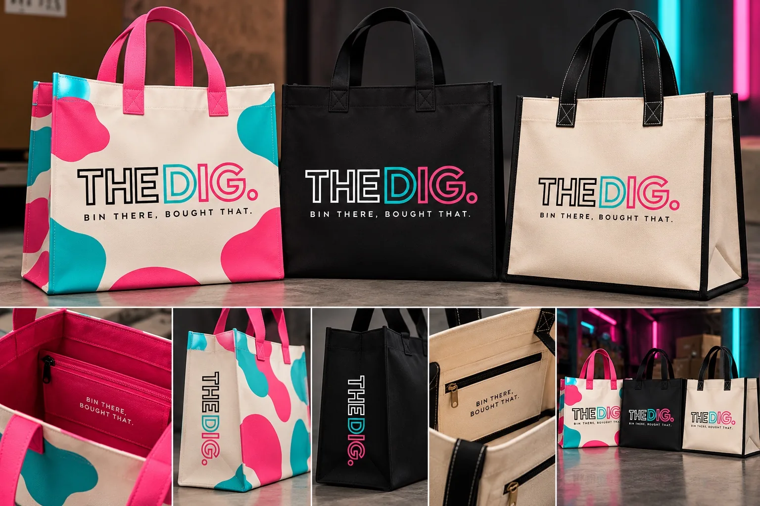Design concept featuring three THE DIG. branded tote bags in colorful and black-and-cream designs